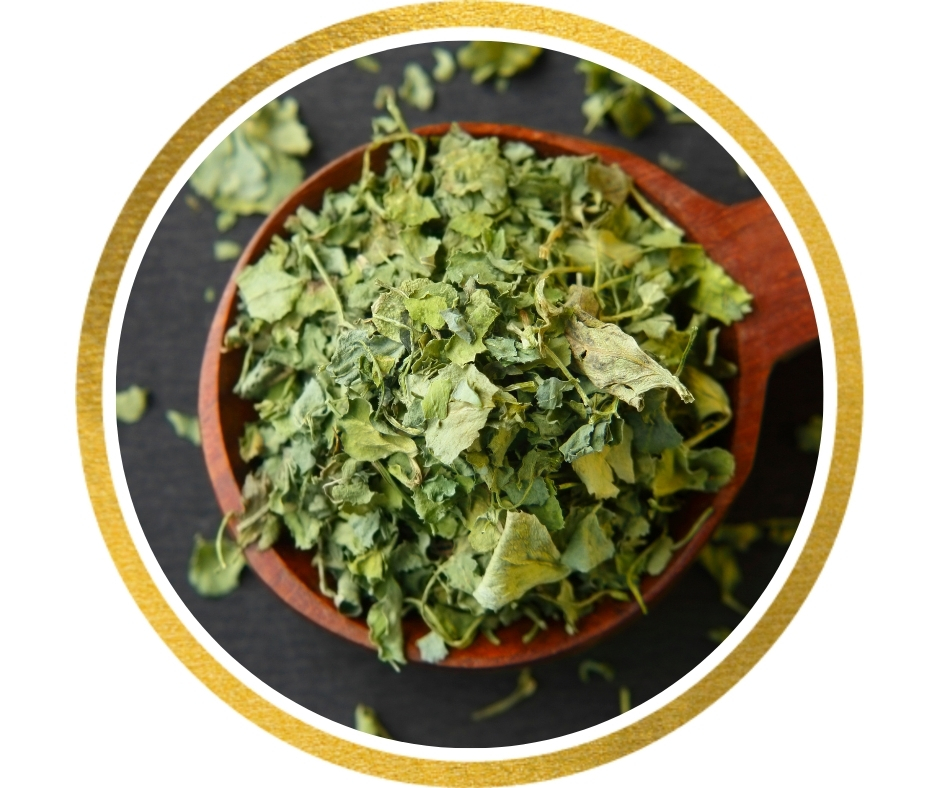 Kasuri Methi auf einem Holzkochlöffel angerichtet. Die grünen, getrockneten Blätter des Bockshornklees liegen locker auf dem Löffel.